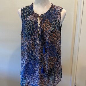 Daniel Rainn Blue tassel sheer neck top M boho Anthropologie 0601 NWT